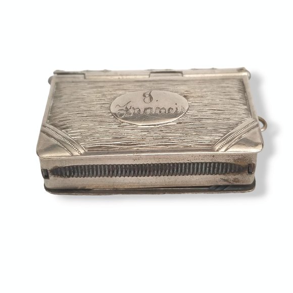 Antique 19th c. Silver Plated Book Vesta Case Pendant Engraved - Picture 5 of 13